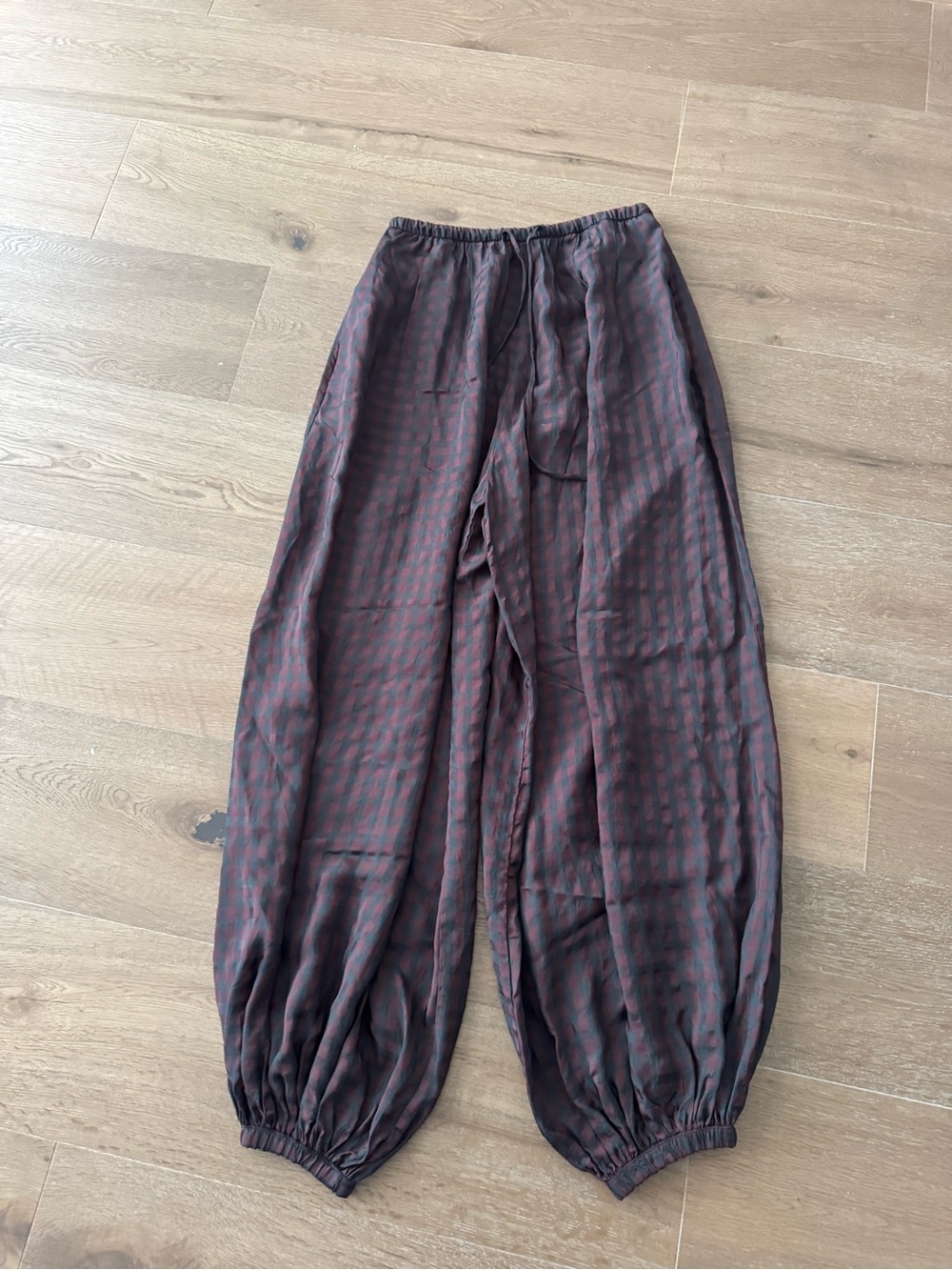 Zara Burgundy and Black Check Harem Sweatpants